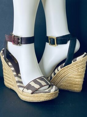 Michael Kors Brown Zebra Espadrille Wedge Sandals with Ankle Buckle Size 8